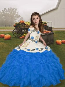 Blue Straps Neckline Embroidery and Ruffles Pageant Dress for Womens Sleeveless Lace Up