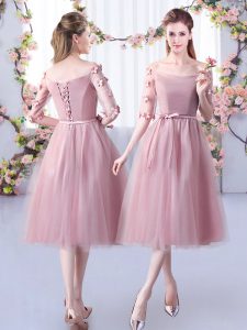 Excellent Pink Dama Dress for Quinceanera Wedding Party with Appliques and Belt Off The Shoulder Half Sleeves Lace Up