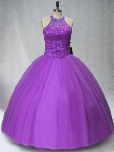 Purple Quinceanera Dresses Sweet 16 and Quinceanera with Beading Halter Top Sleeveless Lace Up