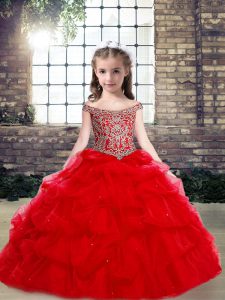 Off The Shoulder Sleeveless Lace Up Little Girl Pageant Gowns Red Organza and Tulle