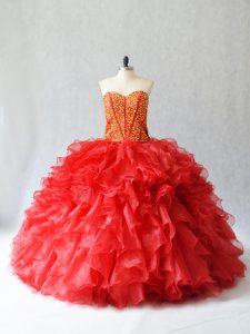 Sleeveless Floor Length Beading and Ruffles Lace Up Quince Ball Gowns with Red
