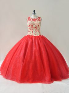 Super Floor Length Red Quinceanera Dress Scoop Sleeveless Lace Up