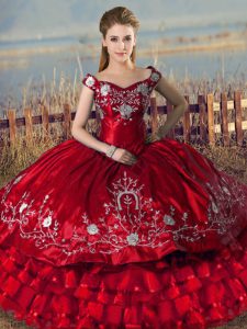 Beautiful Off The Shoulder Sleeveless Satin Quince Ball Gowns Embroidery and Ruffled Layers Lace Up
