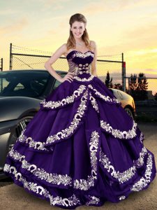 Deluxe Purple Satin and Taffeta Lace Up Sweet 16 Dress Sleeveless Embroidery and Ruffled Layers