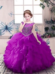 Low Price Organza Scoop Sleeveless Zipper Beading and Ruffles Little Girl Pageant Gowns in Purple