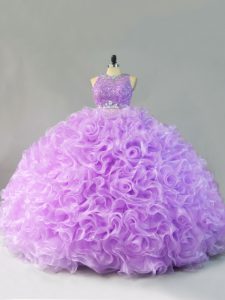 Shining Lavender Two Pieces Fabric With Rolling Flowers Scoop Sleeveless Beading and Ruffles Floor Length Zipper 15 Quinceanera Dress