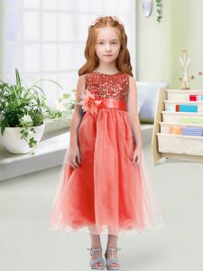 Fashionable Watermelon Red Scoop Zipper Sequins and Hand Made Flower Pageant Dress for Teens Sleeveless