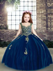 High Class Blue Lace Up Straps Appliques Girls Pageant Dresses Tulle Sleeveless
