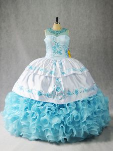 Super Baby Blue Lace Up Scoop Beading and Embroidery and Ruffles Quinceanera Gowns Fabric With Rolling Flowers Sleeveless