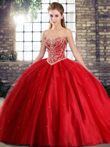 Traditional Beading Sweet 16 Dresses Red Lace Up Sleeveless Brush Train