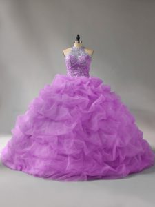 Lilac Quinceanera Gown Sweet 16 and Quinceanera with Beading and Pick Ups Halter Top Sleeveless Court Train Lace Up
