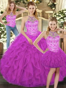Romantic Floor Length Lace Up Quince Ball Gowns Fuchsia for Military Ball and Sweet 16 and Quinceanera with Beading and Ruffles