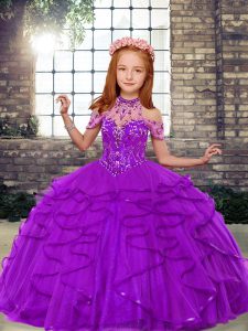 Perfect Purple Lace Up High-neck Beading and Ruffles Little Girl Pageant Dress Tulle Sleeveless