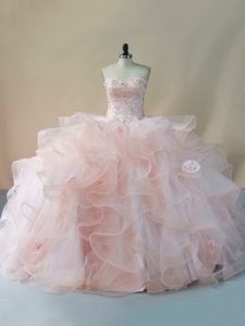 Flare Lace Up Sweet 16 Dresses Pink for Sweet 16 and Quinceanera with Beading and Ruffles and Hand Made Flower Brush Train