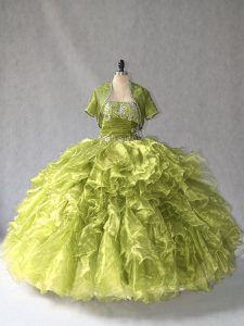 Olive Green Lace Up Quinceanera Gowns Beading and Ruffles Sleeveless Floor Length