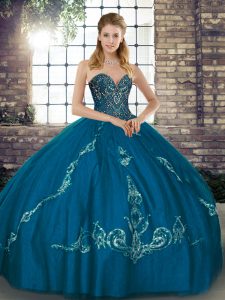 Customized Beading and Embroidery Quinceanera Gown Blue Lace Up Sleeveless Floor Length
