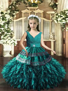 Teal Ball Gowns Organza V-neck Sleeveless Beading and Appliques and Ruffles Floor Length Backless Pageant Gowns For Girls