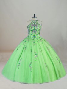 Tulle Sleeveless Quinceanera Gowns Brush Train and Appliques and Embroidery