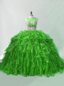 Green Two Pieces Scoop Sleeveless Organza Brush Train Zipper Beading and Ruffles Sweet 16 Quinceanera Dress