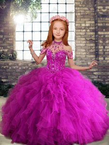 Fuchsia High-neck Neckline Beading and Ruffles Child Pageant Dress Sleeveless Lace Up