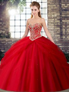 Pretty Sleeveless Tulle Brush Train Lace Up Quinceanera Gown in Red with Beading and Pick Ups