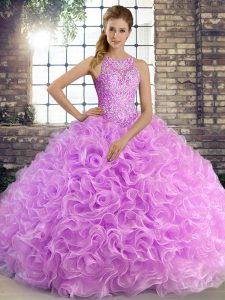 Free and Easy Fabric With Rolling Flowers Scoop Sleeveless Lace Up Beading 15th Birthday Dress in Lilac