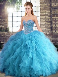 Aqua Blue Ball Gowns Tulle Sweetheart Sleeveless Beading and Ruffles Floor Length Lace Up Vestidos de Quinceanera