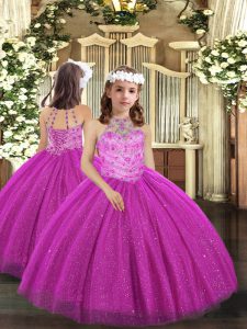 Luxurious Fuchsia Tulle Lace Up Little Girl Pageant Gowns Sleeveless Floor Length Beading