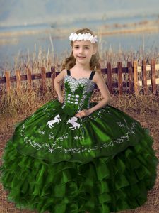 Olive Green Ball Gowns Embroidery and Ruffled Layers Child Pageant Dress Lace Up Organza Sleeveless Floor Length