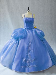 Fine Blue Organza Lace Up Straps Sleeveless Floor Length 15 Quinceanera Dress Appliques
