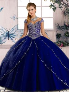 Beading Sweet 16 Dresses Royal Blue Lace Up Cap Sleeves Brush Train