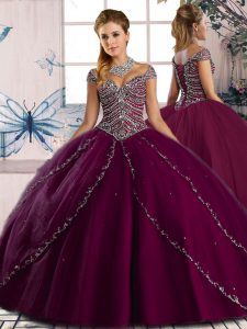 Best Brush Train Ball Gowns 15th Birthday Dress Purple Sweetheart Tulle Cap Sleeves Lace Up