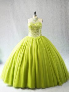 Traditional Halter Top Sleeveless Tulle Quinceanera Dress Beading Lace Up