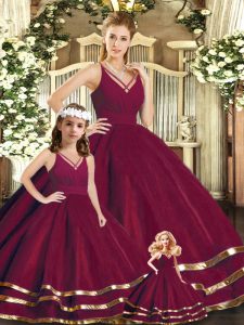 Burgundy Sleeveless Tulle Backless Sweet 16 Dress for Sweet 16 and Quinceanera