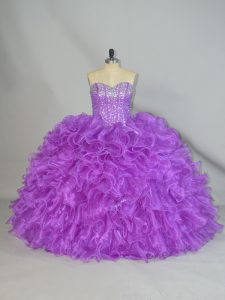 Purple Sweet 16 Dress Sweet 16 and Quinceanera with Beading and Ruffles Sweetheart Sleeveless Lace Up