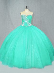 Wonderful Turquoise Tulle Lace Up Quinceanera Gowns Sleeveless Floor Length Beading
