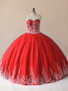 Exceptional Floor Length Lace Up Quinceanera Dresses Red for Sweet 16 and Quinceanera with Embroidery