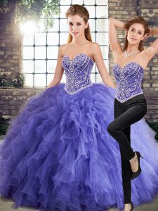 Custom Fit Sleeveless Floor Length Beading and Ruffles Lace Up Quinceanera Dresses with Lavender