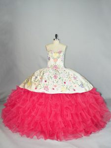 Shining Embroidery and Ruffles Quinceanera Gown White And Red Lace Up Sleeveless Floor Length