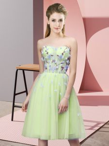 High Quality Yellow Green Sleeveless Knee Length Appliques Lace Up Dama Dress