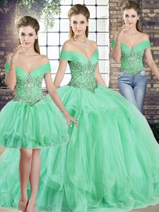 Eye-catching Apple Green Tulle Lace Up Sweet 16 Quinceanera Dress Sleeveless Floor Length Beading and Ruffles