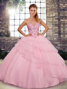 Baby Pink Sweetheart Lace Up Beading and Ruffled Layers Quinceanera Dresses Brush Train Sleeveless