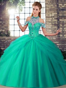 Turquoise Sleeveless Brush Train Beading and Pick Ups Sweet 16 Quinceanera Dress