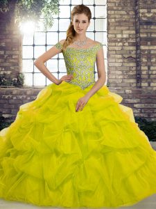 Sleeveless Tulle Brush Train Lace Up Sweet 16 Dresses in Yellow Green with Beading and Pick Ups