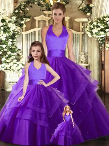 Exquisite Purple Ball Gowns Halter Top Sleeveless Tulle Floor Length Lace Up Ruching 15th Birthday Dress