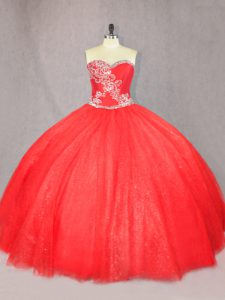 Sexy Sweetheart Sleeveless 15 Quinceanera Dress Floor Length Beading Red Tulle