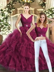 Artistic Sleeveless Tulle Floor Length Backless Sweet 16 Quinceanera Dress in Burgundy with Beading and Ruffles