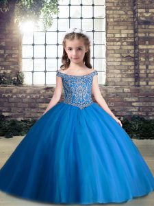 Blue Lace Up Little Girls Pageant Gowns Beading Sleeveless Floor Length