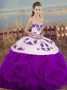Affordable White And Purple Sweetheart Neckline Embroidery and Ruffles and Bowknot Sweet 16 Dress Sleeveless Lace Up