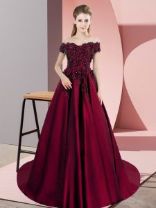 Most Popular Wine Red A-line Off The Shoulder Sleeveless Satin Court Train Zipper Appliques Ball Gown Prom Dress